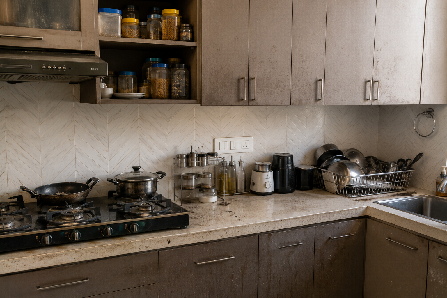 Kitchen cabinets before professional cleaning