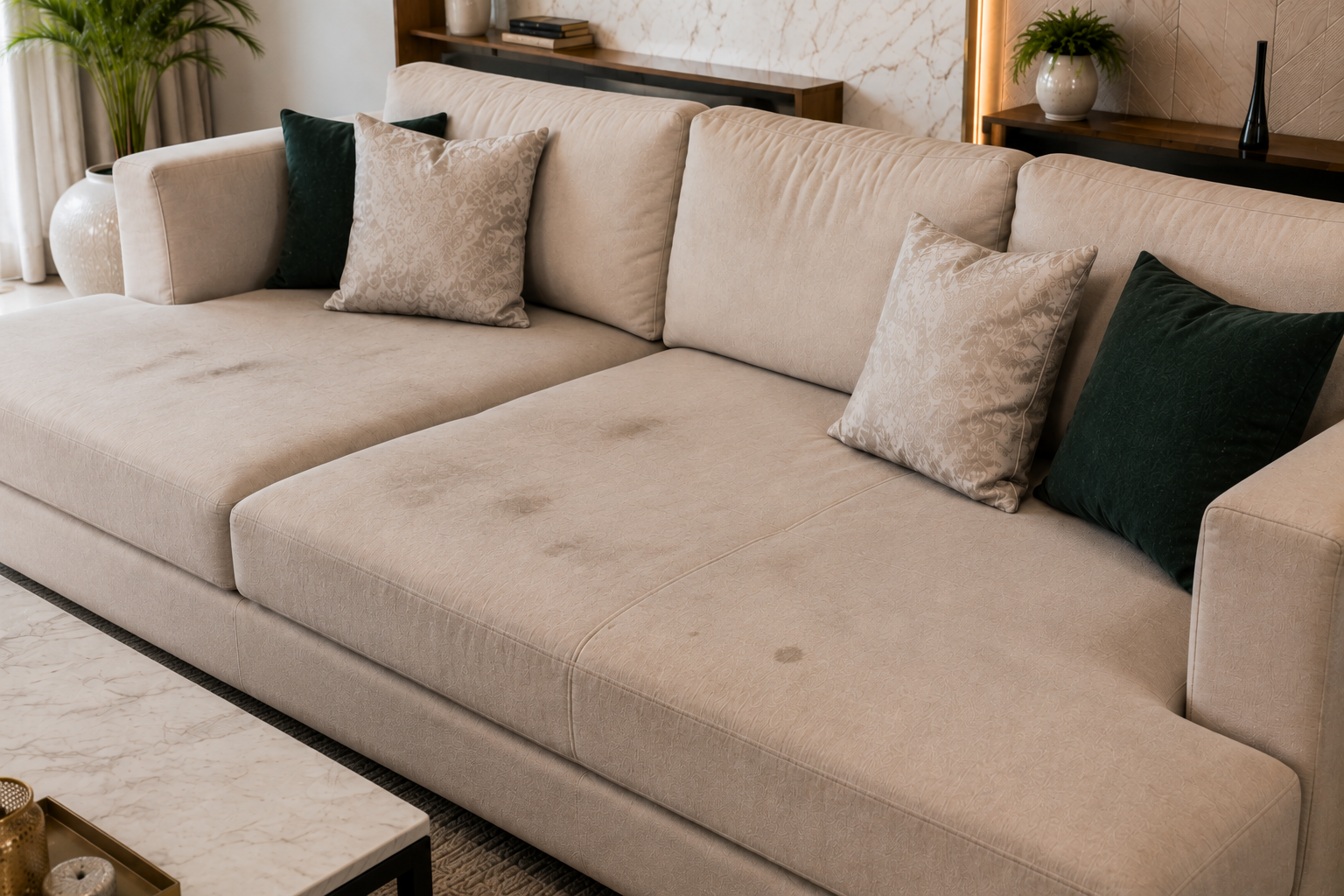 Sofa cushions before professional cleaning